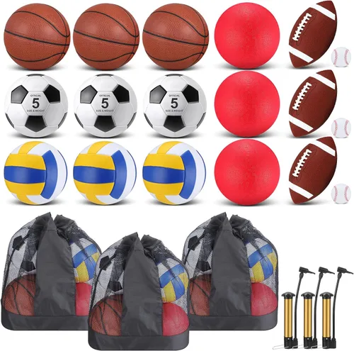 Miniatura 8 de Leyndo Juego de 18 Pelotas Deportivas a Granel Baloncesto Fútbol Americano Voleibol Fútbol Soccer Parque Infantil Béisbol con Bolsa de Equipo Negro