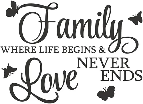 Family Where Life Begins and Love Never Ends - Adhesivo con mariposas, calcomanías de vinilo extraíbles para pared, frases inspiradoras de arte de