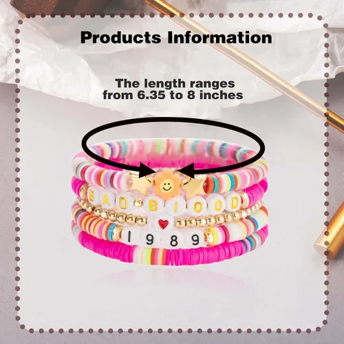 Miniatura 5 de COARVXA 5 pulseras inspiradas en álbumes de Taylor Lover Fearless Reputation 1989 para música de Eras Music, juego de pulseras bohemias para playa