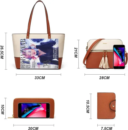 Miniatura 174 de Juego de 4 bolsas modernos para mujer de cuero sintético: bolso tote, bolso de hombro, bolso de mano y cartera.