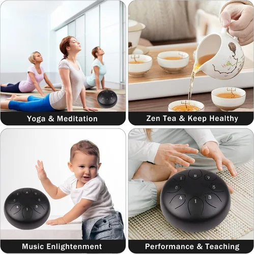 Miniatura 7 de Tambor de lengua de acero para niños: juego de tambores musicales de metal de 6 pulgadas, 8 notas, tecla C para meditación, yoga, educación, Negro