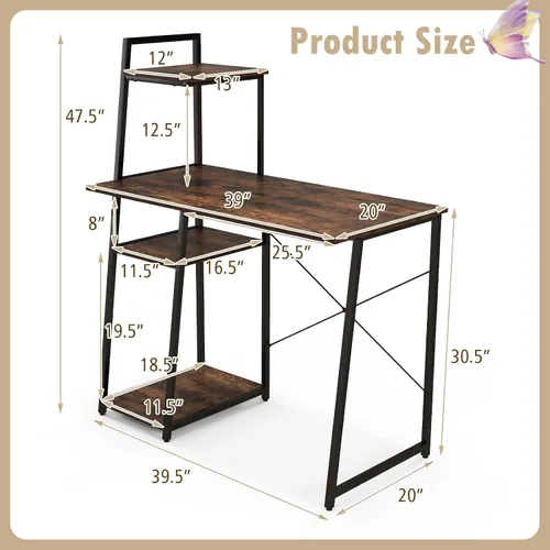 Miniatura 3 de COSTWAY Escritorio para computadora con estantes de almacenamiento de 4 niveles, mesa de escritorio de oficina en casa con marco resistente