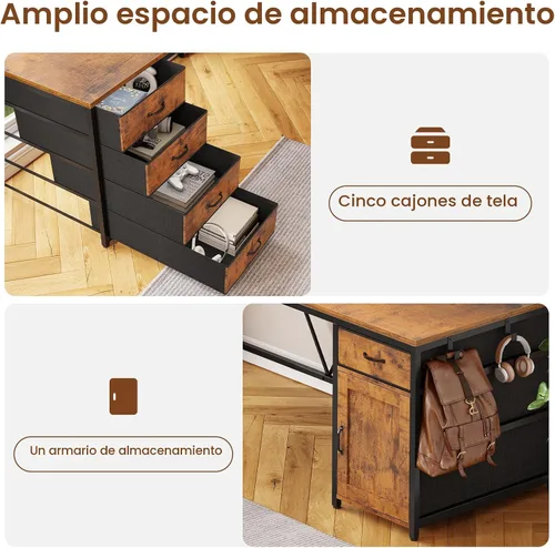 Miniatura 5 de SEDETA Escritorio en forma de L, escritorio de computadora de 63 pulgadas con 5 cajones y toma de corriente, escritorio largo de oficina en casa