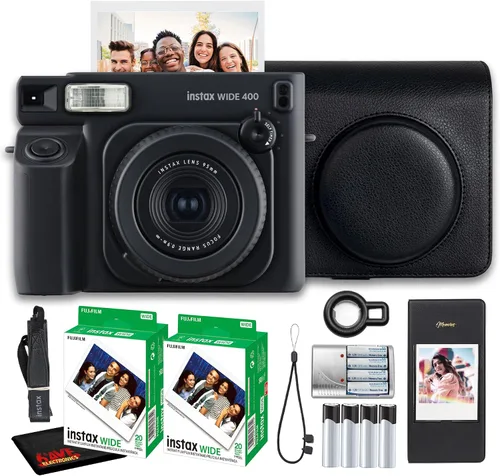 Miniatura 9 de Fujifilm Instax Wide 400 Cámara de película instantánea (negro) Paquete con funda de transporte compatible con estilo vintage + paño de limpieza