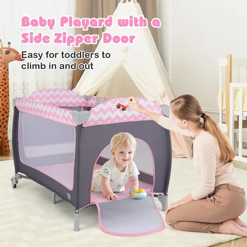 Miniatura 4 de BABY JOY 4 en 1 Pack and Play, corralito de juego portátil para bebés con moisés, puerta con cremallera lateral, mesa de cambio, centro