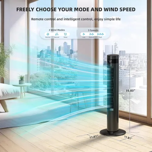 Miniatura 3 de Electactic Ventilador de torre portátil eléctrico oscilante, silencioso con control remoto, ventilador de piso sin aspas, 3 modos de velocidad