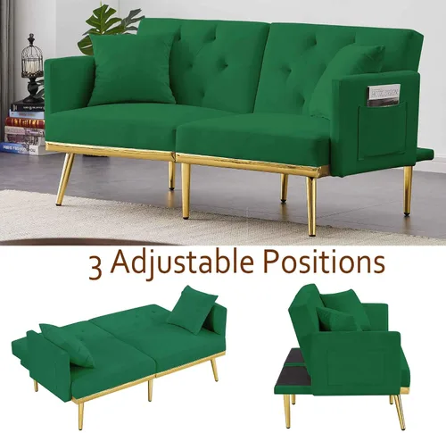 Miniatura 3 de Sofá cama futón convertible de 59 pulgadas, sofá decorativo, moderno sofá de tela de terciopelo con patas de metal y bolsillos de almacenamiento
