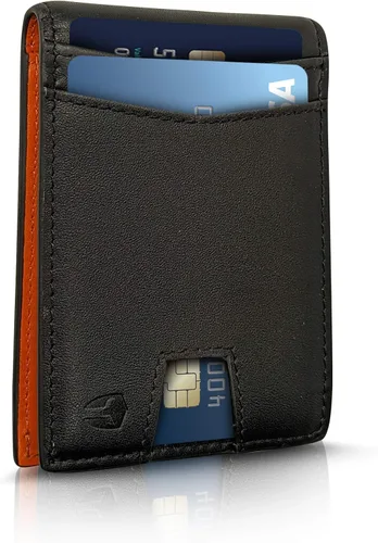 Miniatura 2 de Bryker Hyde Cartera de cuero delgada plegable con bloqueo RFID para hombres, bolsillo frontal, bolsillo para facturarecibo, Negro y naranja