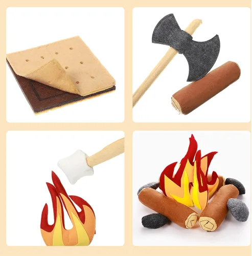 Miniatura 4 de Civaner Juego de juguetes de simulación de fogata para adultos con 2 almohadas de tronco, 2 de felpa falsa de fuego y smores, 20 piezas de fieltro