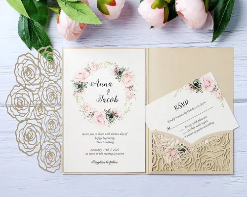 Miniatura 2 de Página interior personalizada, cortada con láser, bolsillo para tarjetas de invitaciones de boda con sobre para fiesta de cumpleaños, invitación