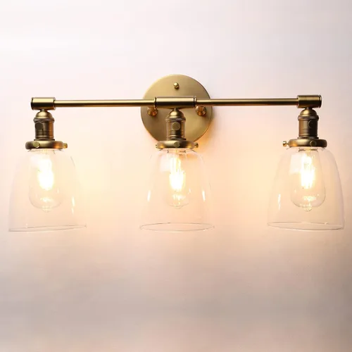 Phansthy 3 apliques de pared de latón antiguo, lámpara de pared con interruptor de encendido y apagado y pantalla de vidrio transparente con forma