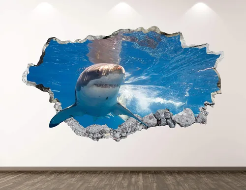 Calcomanía de pared de tiburón, decoración 3D de animales destrozados para niños, regalo personalizado BL26 (22 pulgadas de ancho x 14 pulgadas de