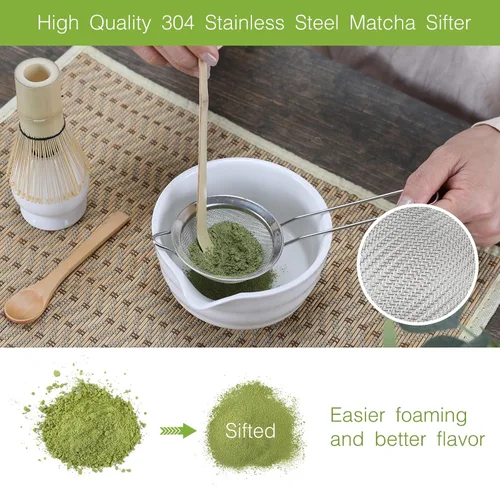 Miniatura 6 de Juego de batidor de matcha, juego de 6 piezas con cuchara de matcha de bambú y tamiz de acero inoxidable/cuenco de cerámica con boquilla