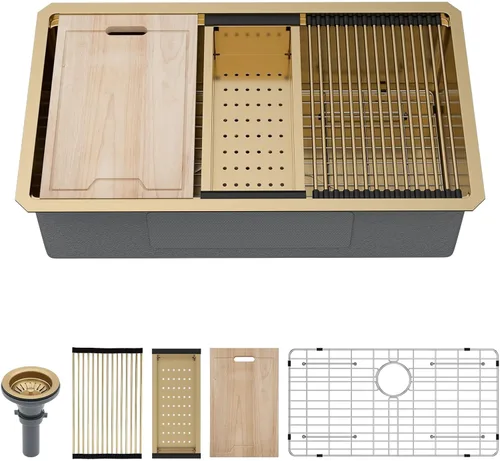 Miniatura 50 de Kichae fregadero de cocina bajo encimera de 32 pulgadas, de un solo tazón, de acero inoxidable, calibre 16, de esquina redonda, hecho a mano