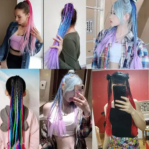 Miniatura 3 de Extensiones de cabello con trenzas de colores con bandas de goma, extensiones sintéticas trenzadas arco iris, accesorios para el cabello de cola