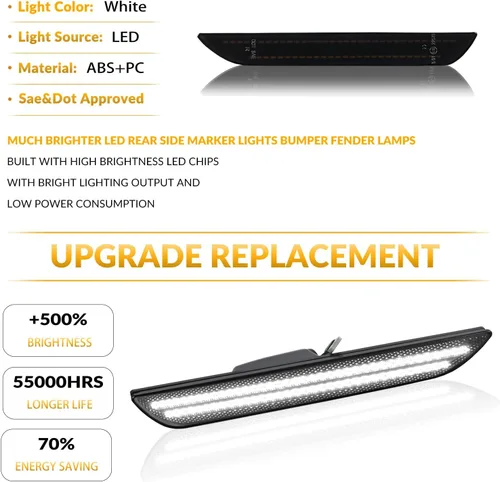 Miniatura 5 de Luces LED de Marcador Lateral Traseras Blancas de Parachoques Reflectores de Lámpara para Ford Mustang 2015-2023, Lentes Ahumadas 2 Piezas LED blanco