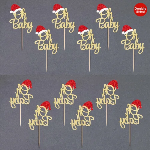 Miniatura 4 de Gexolenu 24 piezas de adornos de Navidad para cupcakes Oh Baby, con purpurina de doble cara, para sombrero de Papá Noel rojo para Navidad, baby