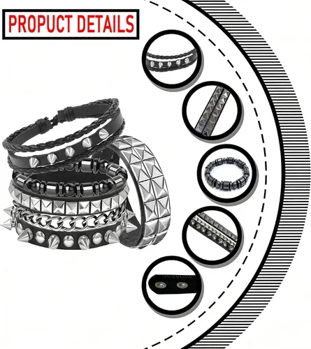 Miniatura 4 de Juego de 4 pulseras góticas de cuero negro, pulseras con tachuelas de pirámide, pulseras de muñeca punk rock para hombres y mujeres, conciertos