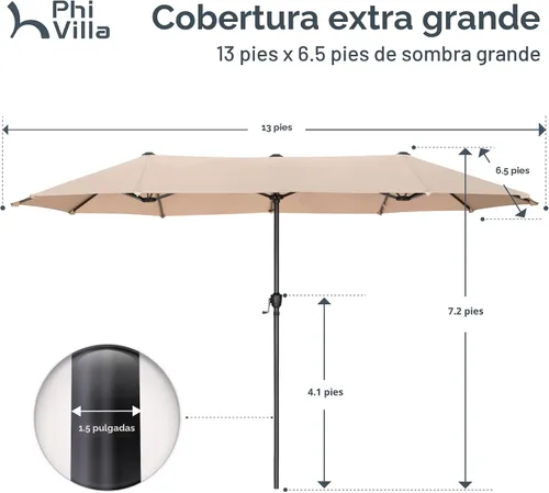 Miniatura 6 de PHI VILLA Sombrilla Grande de Patio de 13 Pies de Doble Cara Gemela para Mercado Exterior con Manivela, Beige