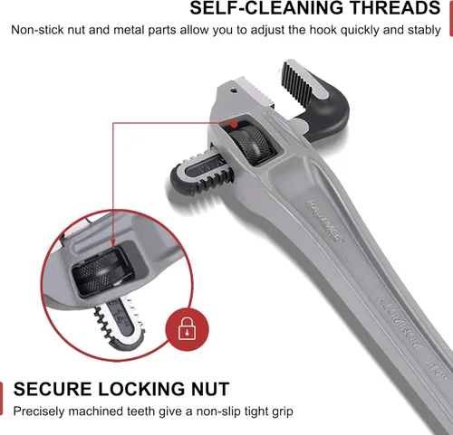 Miniatura 3 de HAUTMEC Llave de tubería compensada de aluminio de 14 pulgadas, llave de fontanería ajustable resistente, capacidad de mandíbula de 2 pulgadas