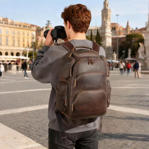 Miniatura 6 de TIDING Mochila vintage de cuero de grano completo para laptop de 16 pulgadas para hombre, con múltiples bolsillos, mochila de viaje, fin de semana