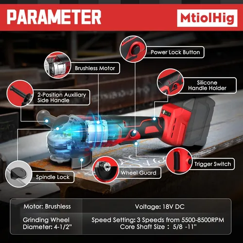 Miniatura 4 de MtiolHig Amoladora angular inalámbrica compatible con batería Milwaukee de 18 V: herramienta amoladora sin escobillas, amoladora angular pequeña