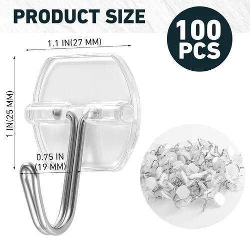 Miniatura 2 de Paquete de 100 ganchos de alambre pequeños para pared, ganchos adhesivos transparentes y resistentes, gancho de pared reutilizable para Navidad