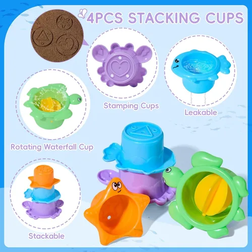 Miniatura 5 de Juguetes de baño sin moldes, 11 piezas Botes flotantes seguros, fáciles de limpiar y divertidos & cuchara & regadera y juguete de ballena