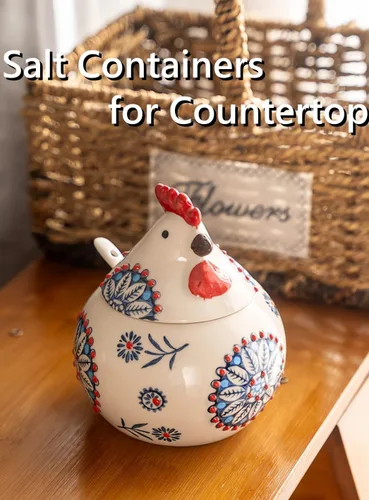 Miniatura 6 de Bodega de sal de cerámica con tapa y cuchara, tarro grande de sal de pollo de 13 onzas, soporte para sal para encimera, café, azúcar, especias y Rojo