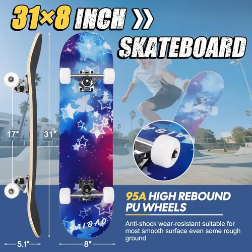 Miniatura 2 de Patinetas para principiantes, adultos, jóvenes, adolescentes, niños o niñas, de 31 x 8 pulgadas, patinetas completas de 7 capas de madera de arce
