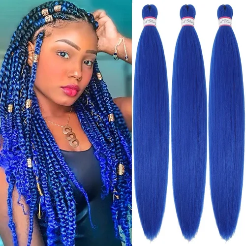 Col Bling Cabello trenzado azul preestirado, extensiones de cabello trenzado de 28 pulgadas de largo para mujer, trenzas de caja, textura Yaki,