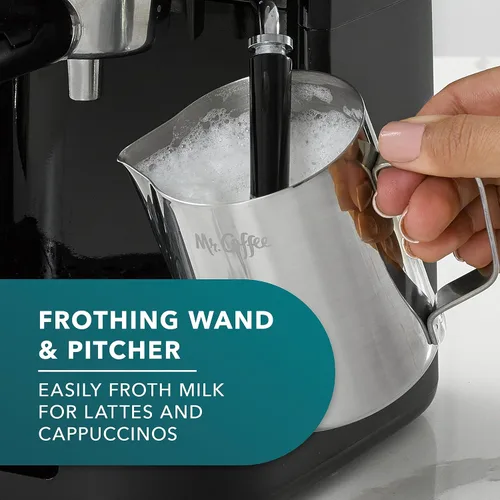 Miniatura 5 de Mr. Coffee máquina al vapor de 4 tazas para preparar café expreso, capuchino y café con leche con jarra de espuma de acero inoxidable