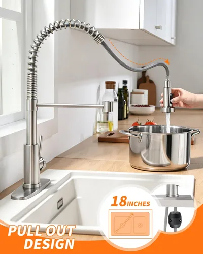 Miniatura 3 de Grifo de cocina con rociador extraíble de acero inoxidable de níquel cepillado, 1 mango, grifo de fregadero de resorte extraíble, 1 agujero o 3