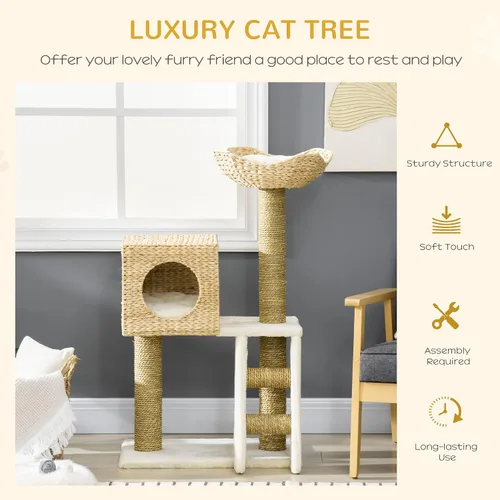 Miniatura 3 de PawHut Cattail Weave - Árbol para gatos de interior, torre de gatito con condominio de ratán para gatos, cama de mimbre, escalera, cojines lavables