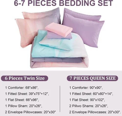 Miniatura 7 de Dinjoy Juego de edredón para niñas, tamaño individual, colorido, azul, rosa, morado, arcoíris, juego de ropa de cama de 6 piezas en una bolsa