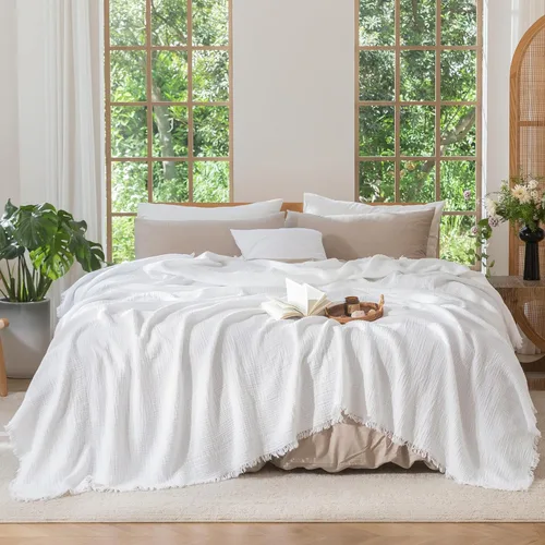 Miniatura 25 de MooMee - Manta de muselina 100% algodón, manta de 4 capas de gasa con borlas, ultra suave, transpirable, ligera y refrescante para cama y sofá Verde