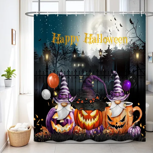 Miniatura 8 de Renaiss Cortina de ducha de Halloween de 60 x 72 pulgadas para decoración de Halloween, divertido esqueleto para el hogar, espeluznante calabaza