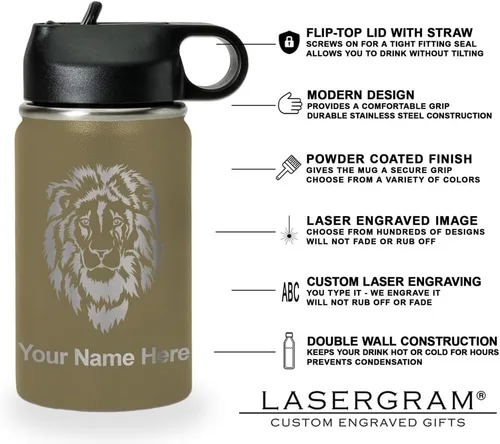 Miniatura 6 de LaserGram Botella de agua de doble pared abatible de 12 onzas con pajilla, bandera de El Salvador, grabado personalizado incluido (verde camuflado)