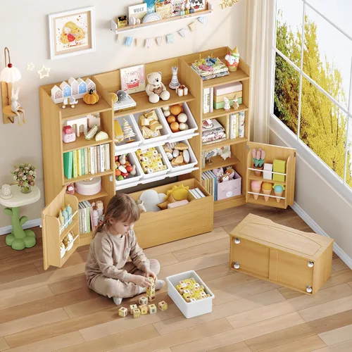 Miniatura 5 de FINETONES Organizador de almacenamiento de juguetes con contenedores extraíbles, estantería 5 en 1 para niños con pecho móvil y estantes para libros