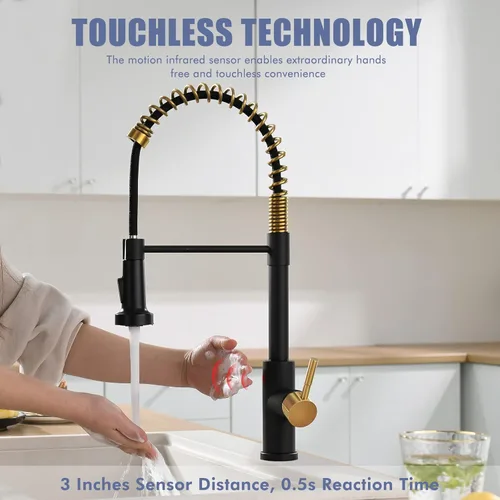 Miniatura 2 de GIMILI Grifo de cocina sin contacto negro y dorado con rociador extraíble, sensor de movimiento, grifo activado manos libres para fregadero de cocina
