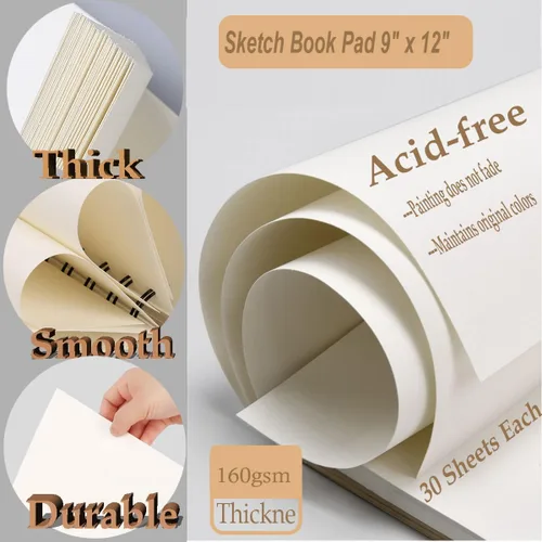 Miniatura 2 de Cuaderno de bocetos, papel de dibujo de 9 x 12 pulgadas, encuadernado en espiral (98 libras/5.64 oz/m²), 90 hojas, paquete de 3, cuaderno de bocetos