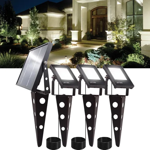 Miniatura 7 de Zeta - Focos solares impermeables para exteriores, 3 en 1, luces de metal blanco cálido, encendido y apagado automático del anochecer al amanecer