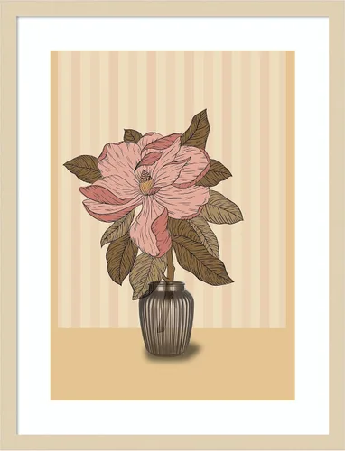 Amanti Art Framed Wall Art Print 25x19 Pink Flower in a Striped Vase by Marianne Bassil, Flowers Wall Art, Vintage Decor, Medium Poster Painting