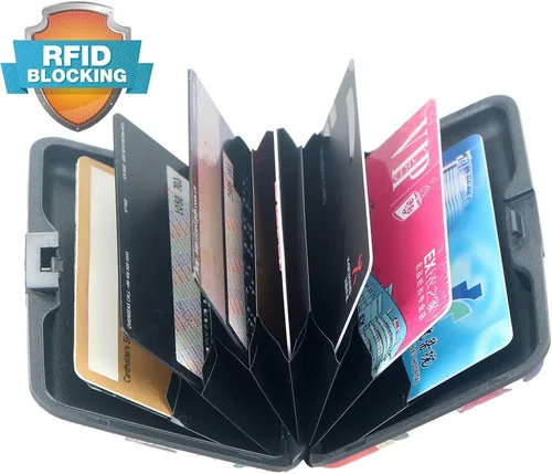 Miniatura 46 de Tarjetero de aluminio con bloqueo RFID para hombres y mujeres, elegante cartera de viaje con 7 ranuras, la mejor protección contra escaneos