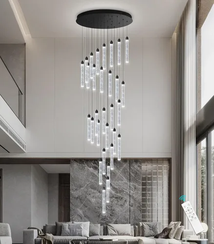 Miniatura 5 de Candelabro de Techo Alto de 197" de Largo con 30 Luces, Lámpara LED Moderna de Cristal Burbuja Regulable con Montaje al Ras, Luz Colgante de Techo