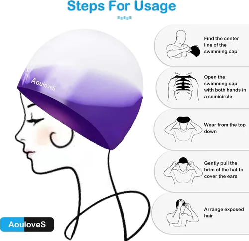 Miniatura 5 de Paquete de 2 gorros de natación para niños y niñas, unisex, de silicona, para niños de 4 a 12 años, ajuste cómodo para cabello largo y cabello corto