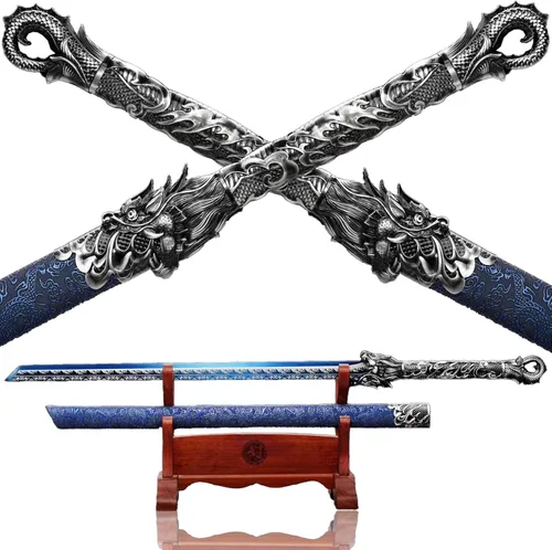Miniatura 12 de Espada china de la dinastía Tang Dao de acero al carbono, hoja recta afilada, katana con patrón de dragón, funda Dorado