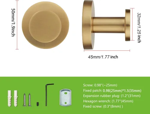 Miniatura 2 de TUNNY Paquete de 5 ganchos redondos para toallas, color dorado champán, ganchos modernos para abrigos y toallas de ducha, para baño, cocina