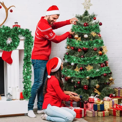 Miniatura 4 de VESPRO Guirnalda metálica verde para árbol de Navidad de 59 pies con purpurina para decoración de interiores y exteriores
