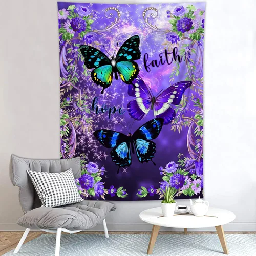 Miniatura 6 de LB Tapiz pequeño de mariposa colorido para colgar en la pared, diseño psicodélico de flores silvestres 3D, mariposas de fantasía floral, arte